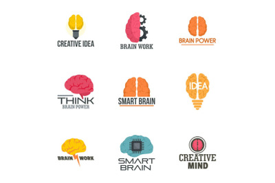 Brain idea logo set, flat style