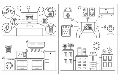 Intelligent house building banner set, outline style