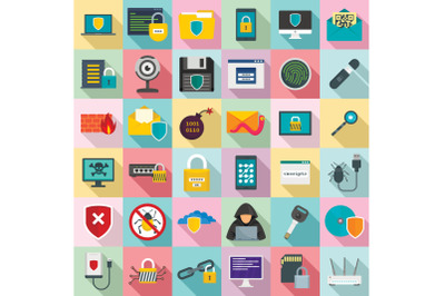Cyber security icon set, flat style