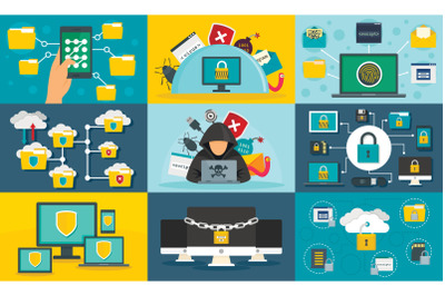 Computer security banner set, flat style