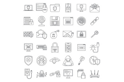 Internet security icon set, outline style