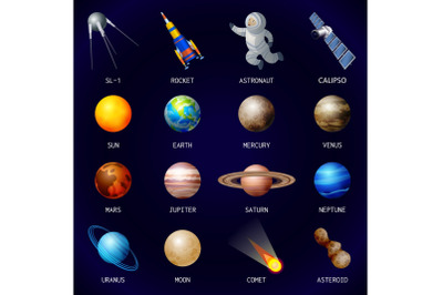 Planets icon set, cartoon style