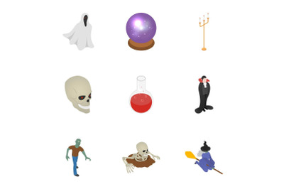 Halloween party icon set, isometric style