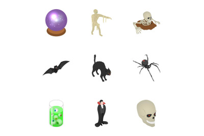 Scary halloween icon set, isometric style