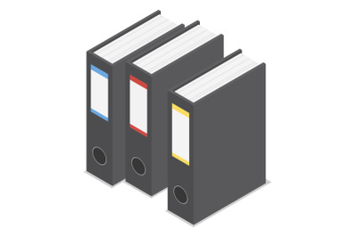 Black office folder icon set, isometric style
