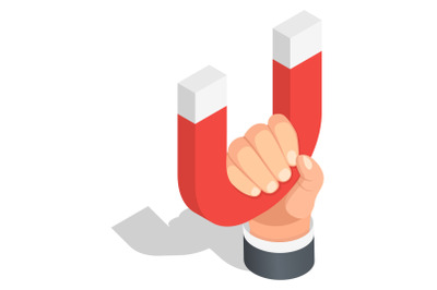 Magnet in hand icon set, isometric style