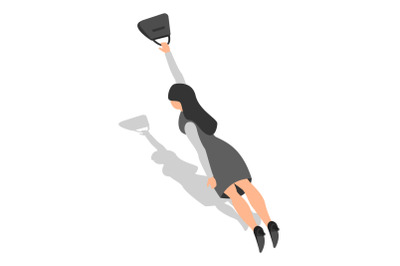 Woman fly to shopping icon set, isometric style
