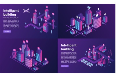 Intelligent building banner set, isometric style