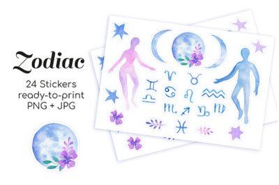 Zodiac and astronomy watercolor printable celestial stickers