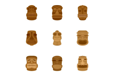 Tribal idol icon set, flat style