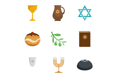 Judaism religion icon set, flat style