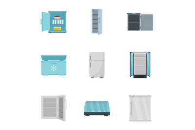 Market fridge icon set, flat style
