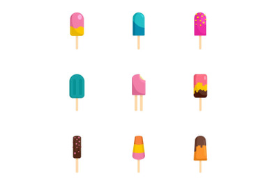 Stick ice cream icon set, flat style