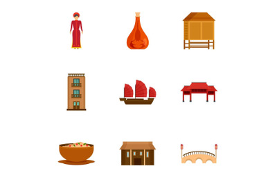 Vietnam attraction icon set, flat style