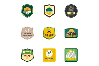 Forest camp logo emblem set, flat style