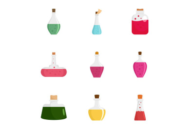 Elixir potion icon set, flat style