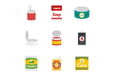 Tin can icon set, flat style