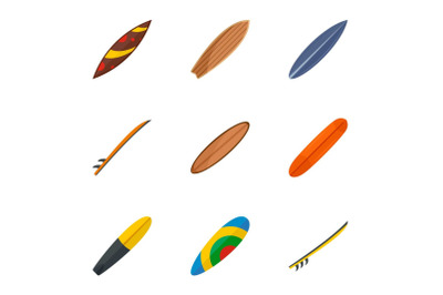 Fashion surf board icon set, flat style
