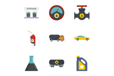 Petrol transport icon set, flat style