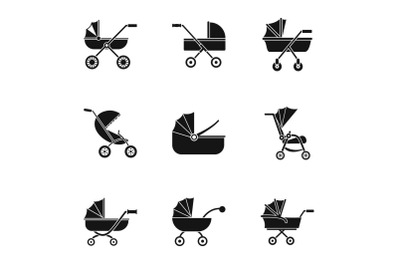 Baby stroller icon set, simple style