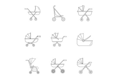 Baby stroller icon set, outline style
