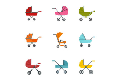 Baby stroller icon set, flat style