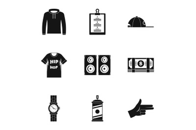 Gangsta rap icon set, simple style