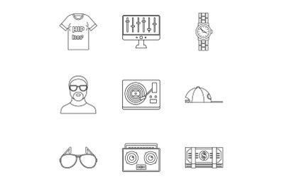 Gangsta rap icon set, outline style
