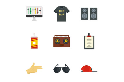 Gangsta rap icon set, flat style