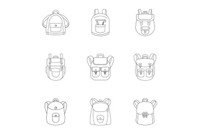 Preschool backpack icon set, outline style
