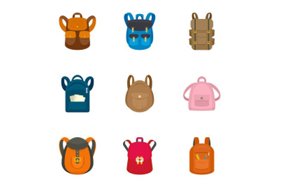 Children backpack icon set, flat style