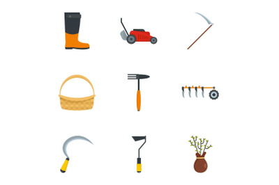 Village tool icon set, flat style