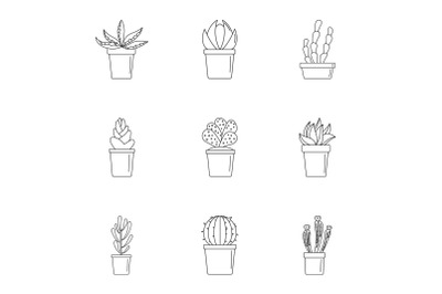 Cactus pot icon set, outline style