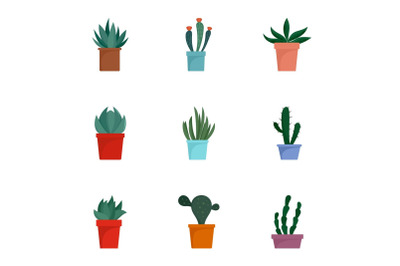Cactus pot icon set, flat style