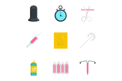 Contraceptive medicine icon set, flat style