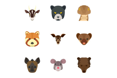 Wild animal head icon set, flat style