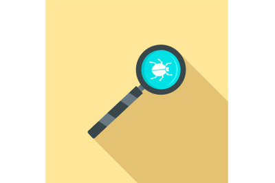 Magnify glass computer virus icon, flat style