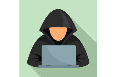 Hacker at laptop icon, flat style