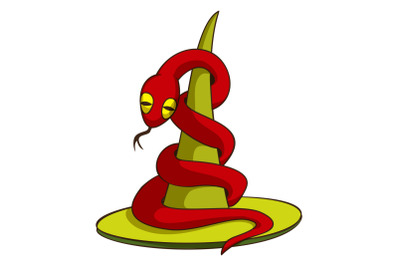 Red snake on hat icon, cartoon style