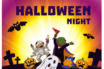 Halloween night concept background, cartoon style