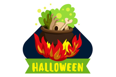 Halloween fire cauldron logo, cartoon style