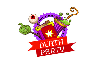 Halloween death party logo, cartoon style