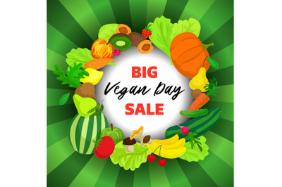 Vegan day big sale concept background, cartoon style