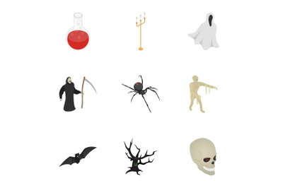 Magic halloween icon set, isometric style