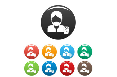 Hipster man take selfie icons set color