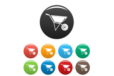 Construction wheelbarrow icons set color