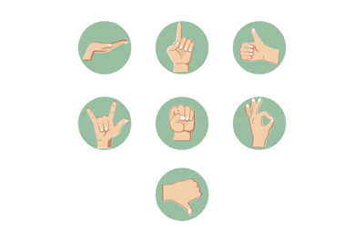 Hand gestures collection, sign of the horns, like and dislike. Set of