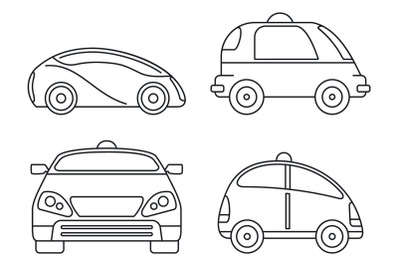 Driverless smart car icon set, outline style