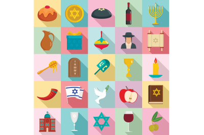 Happy hanukkah icon set, flat style