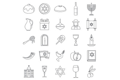 Hanukkah holiday icon set, outline style